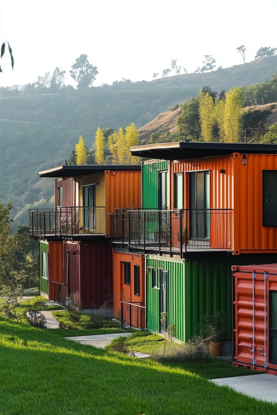 prefab shipping container homes painted in various colors and stacked to make a condo complex in a green valley 1