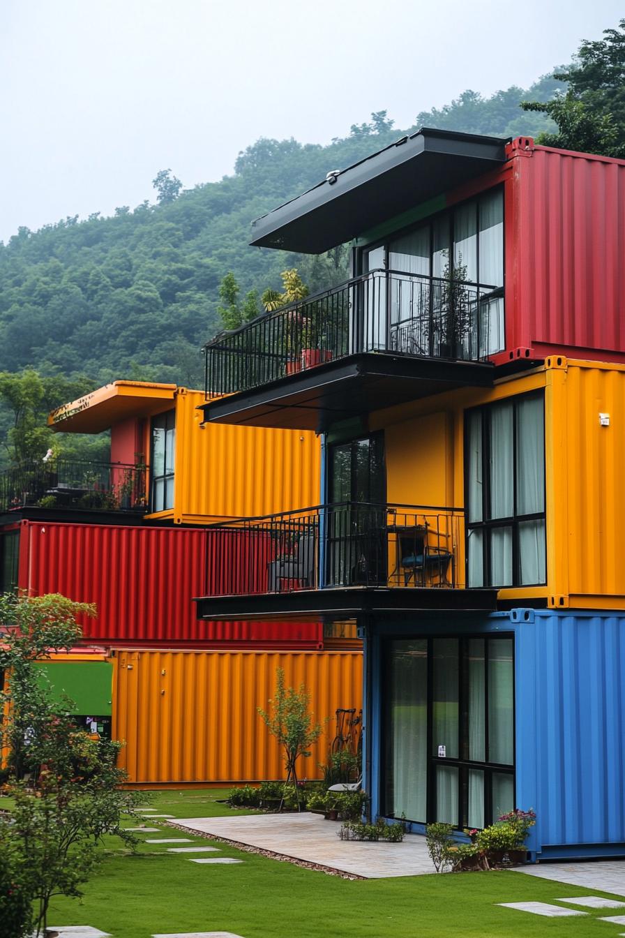 prefab shipping container homes painted in various colors and stacked to make a condo complex in a green valley 2