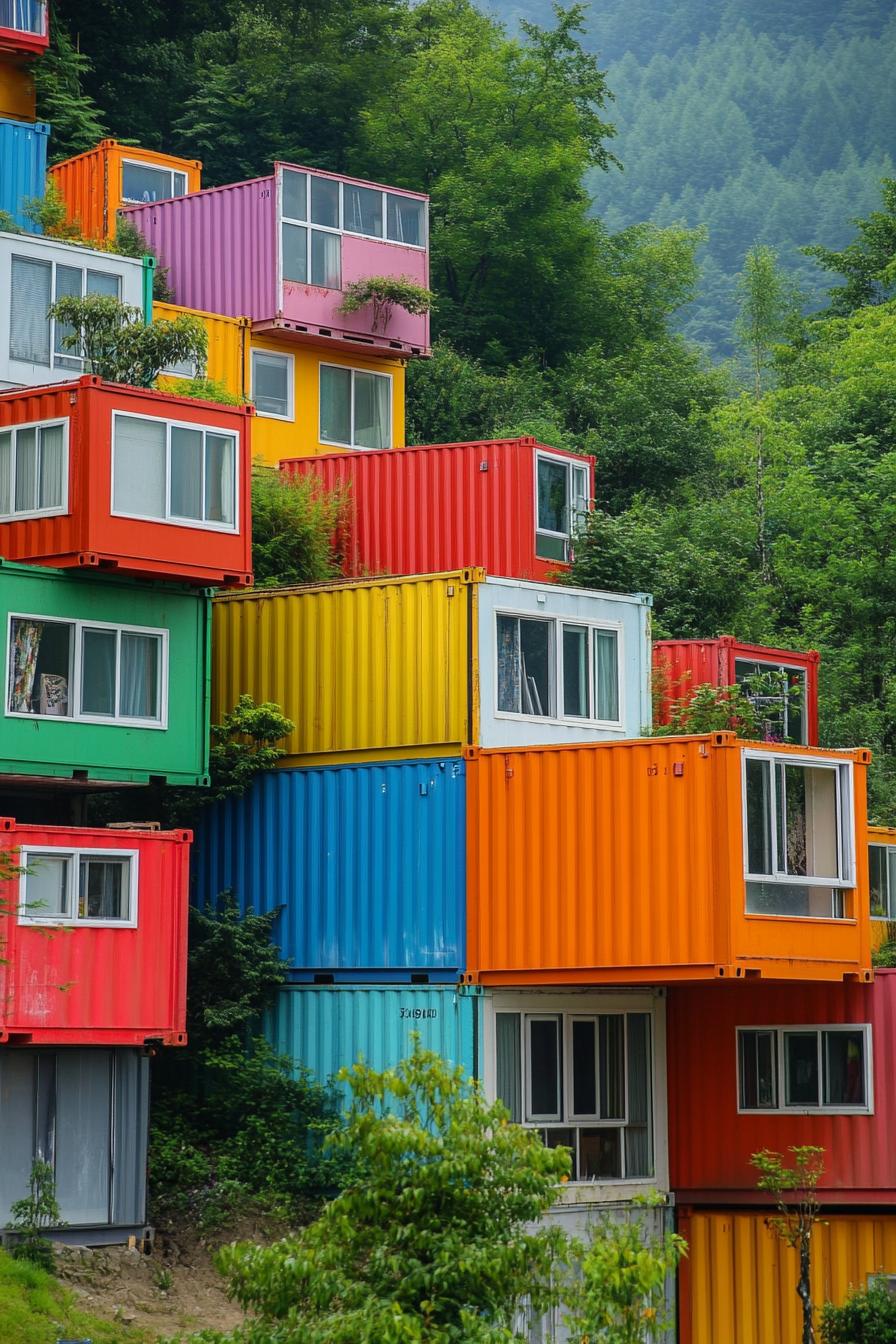 prefab shipping container homes painted in various colors and stacked to make a condo complex in a green valley 3