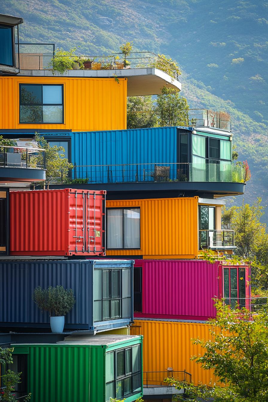 prefab shipping container homes painted in various colors and stacked to make a condo complex in a green valley