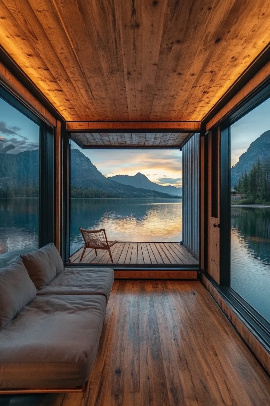 shipping container floating lake cabin 1