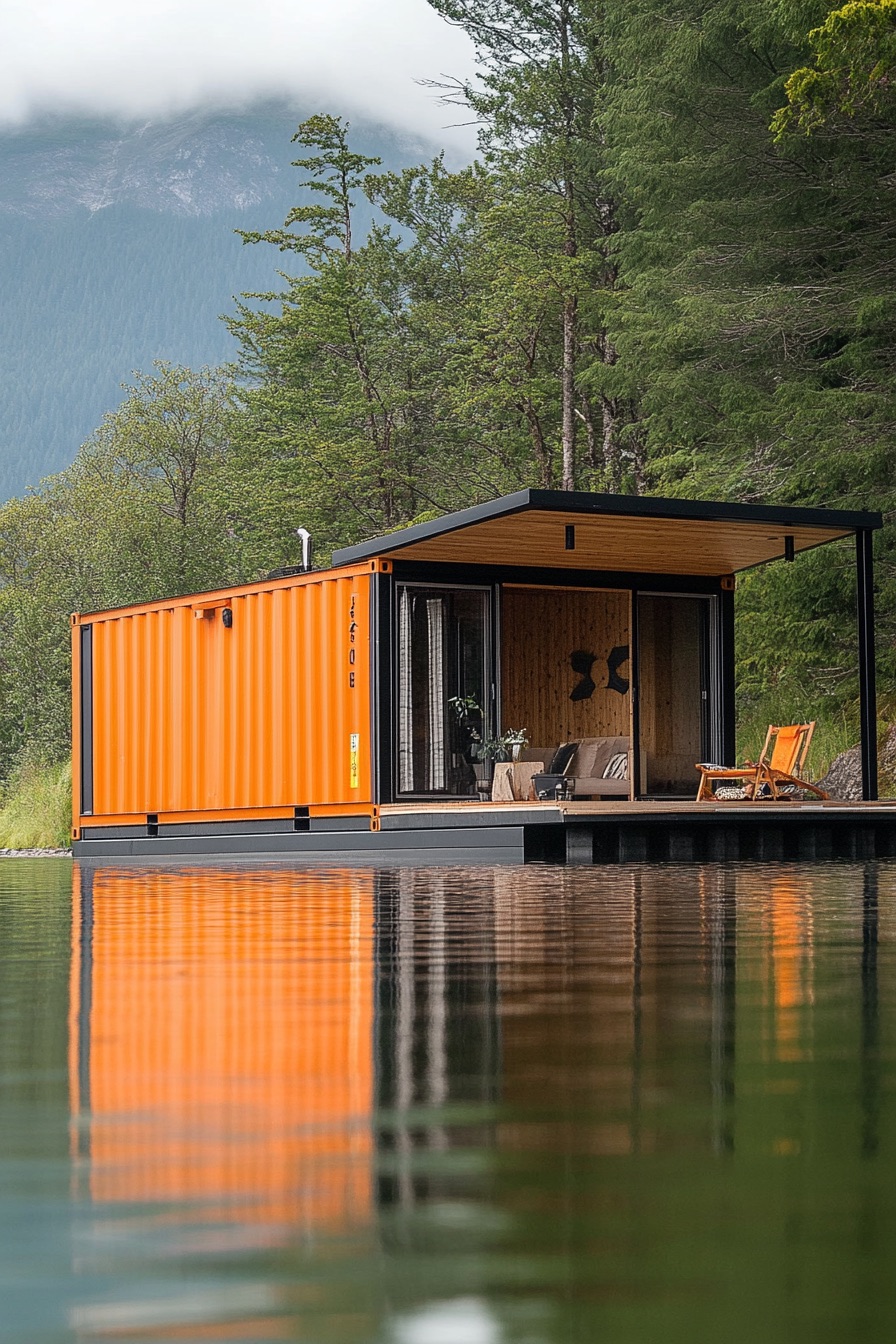 shipping container floating lake cabin 2