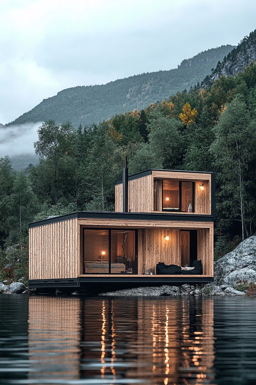 shipping container floating lake cabin 3