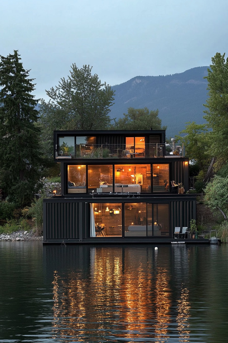 shipping container floating lake cabin 4