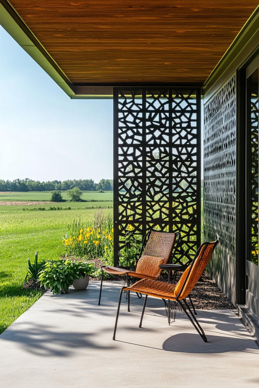 tiny mid century modern house porch with geometric pattern dividers stunning green farmland views 1