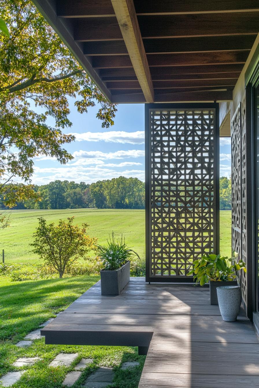 tiny mid century modern house porch with geometric pattern dividers stunning green farmland views 2