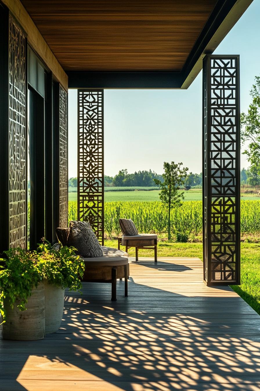 tiny mid century modern house porch with geometric pattern dividers stunning green farmland views 3