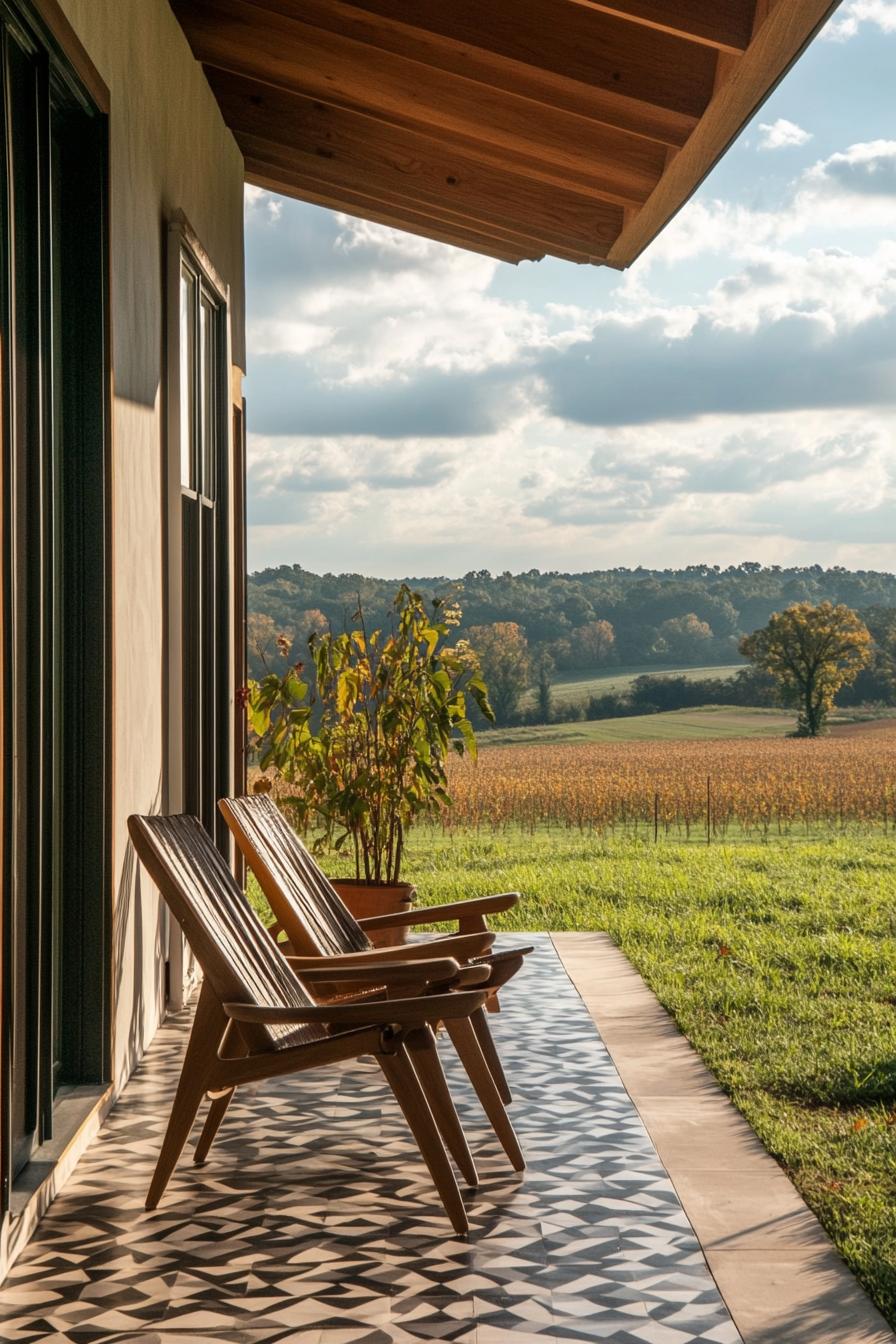 tiny mid century modern house porch with geometric pattern dividers stunning green farmland views