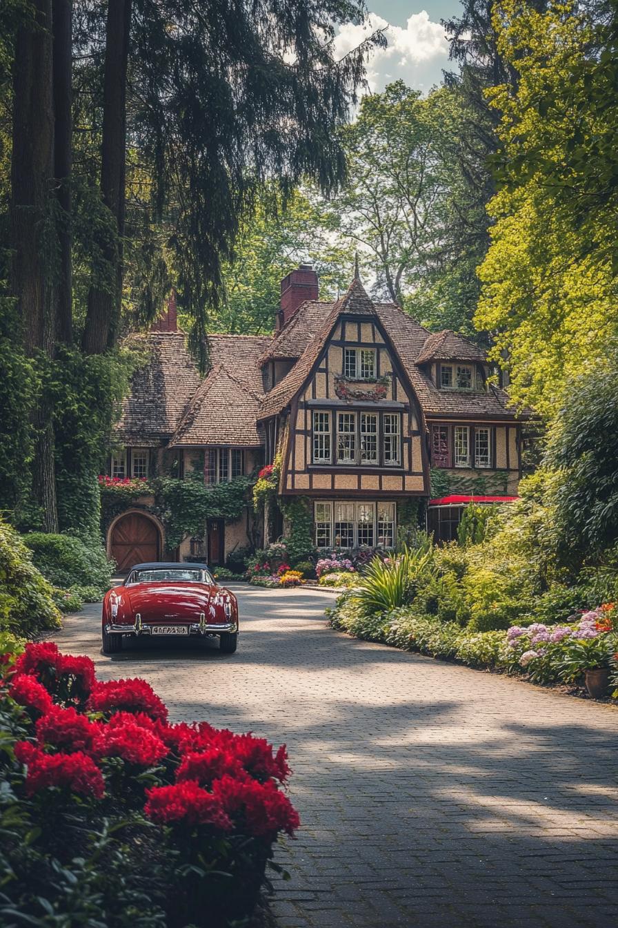 vintage luxury mansion in a lush evergreen forest with large flower gardens and driveway vintage car parked in front 1