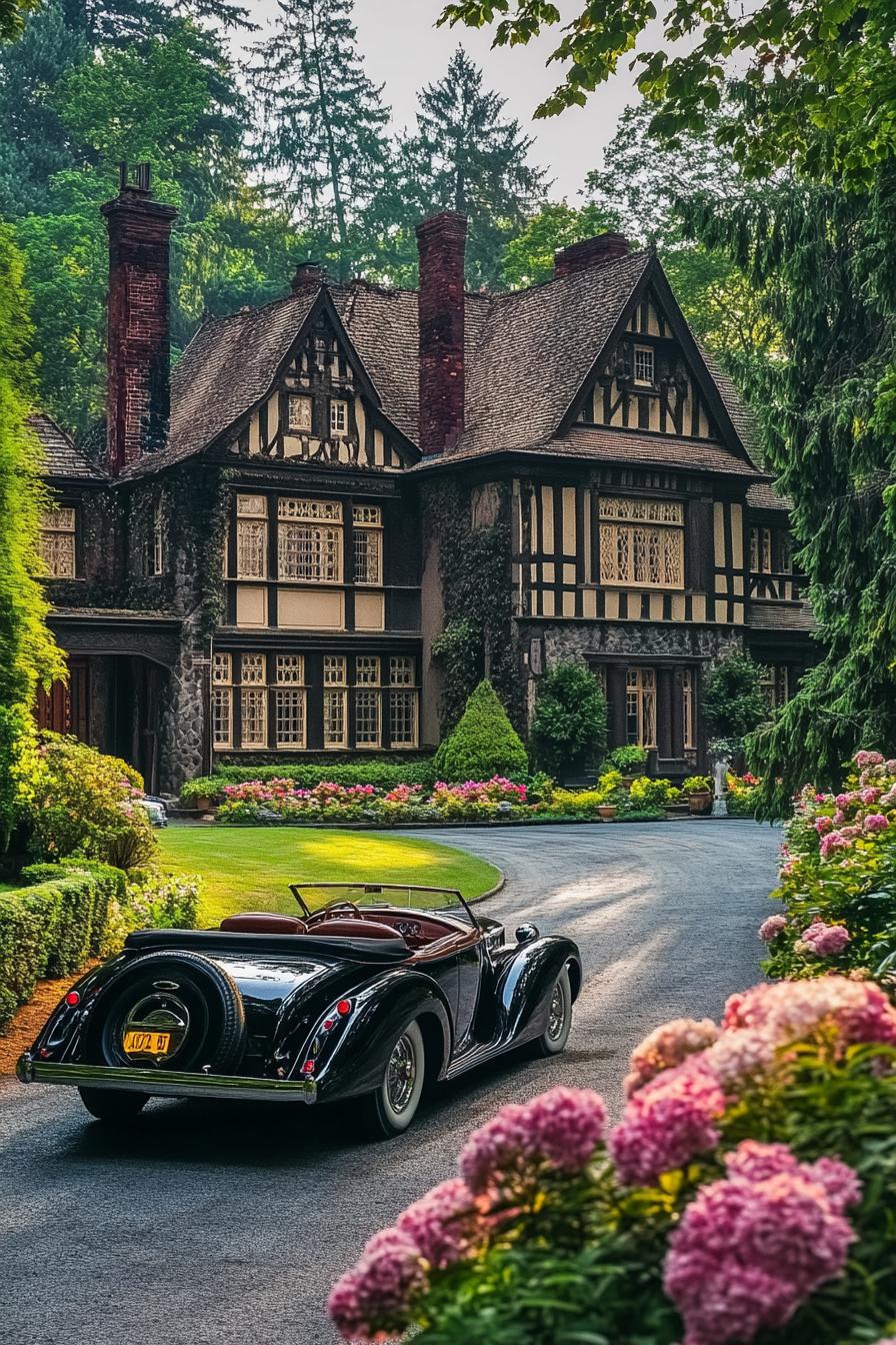 vintage luxury mansion in a lush evergreen forest with large flower gardens and driveway vintage car parked in front 2