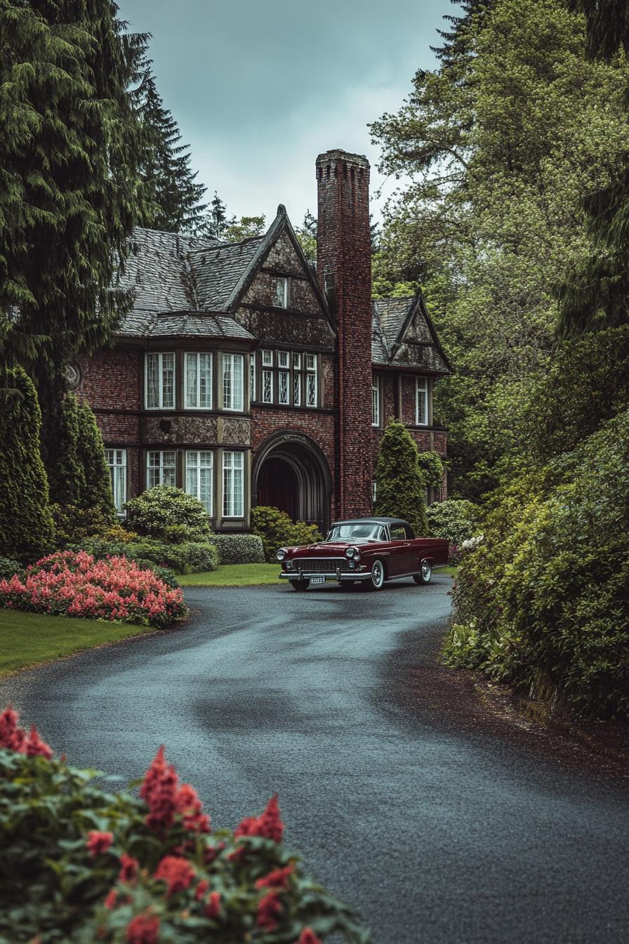 vintage luxury mansion in a lush evergreen forest with large flower gardens and driveway vintage car parked in front 3