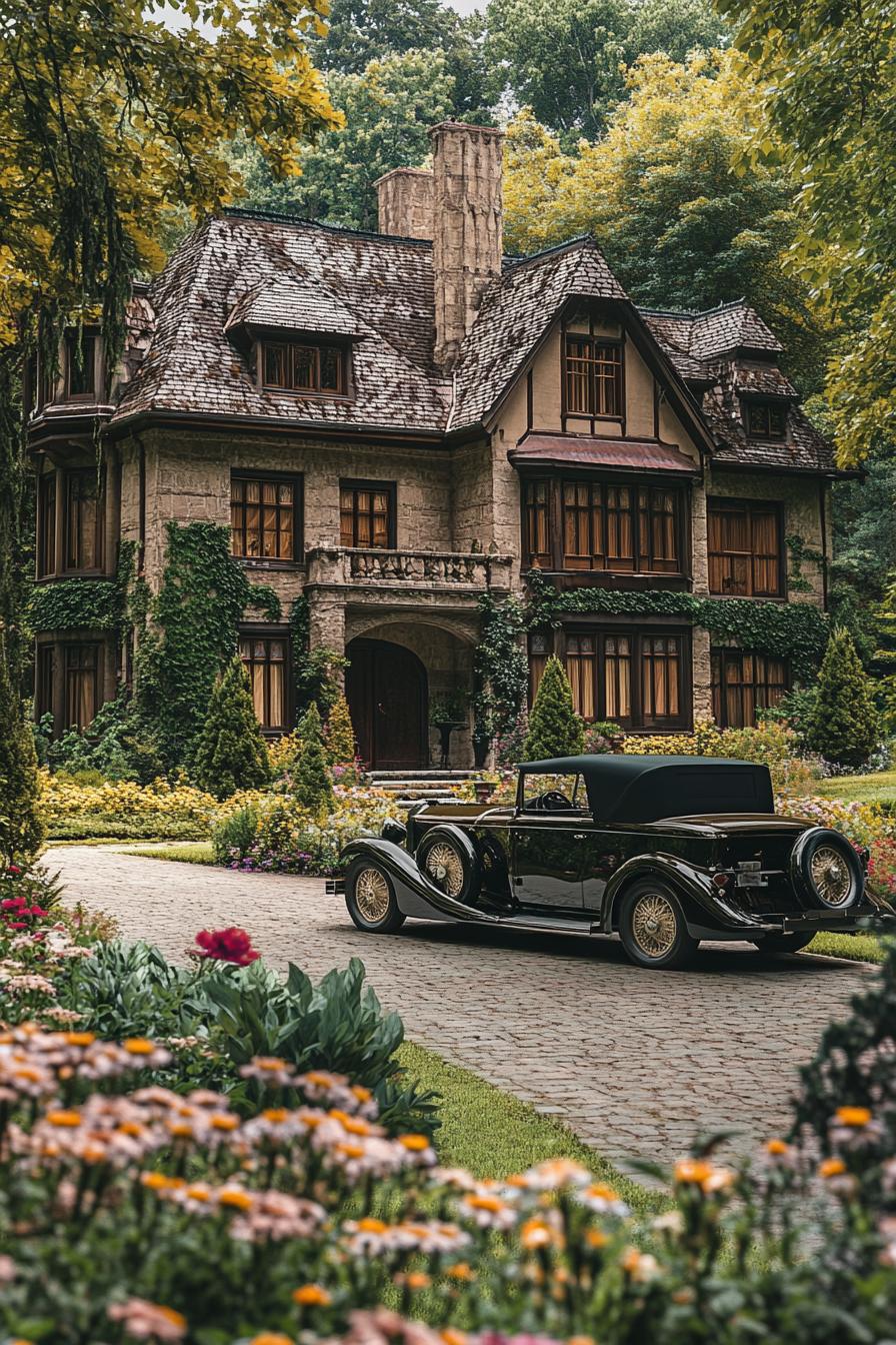 vintage luxury mansion in a lush evergreen forest with large flower gardens and driveway vintage car parked in front