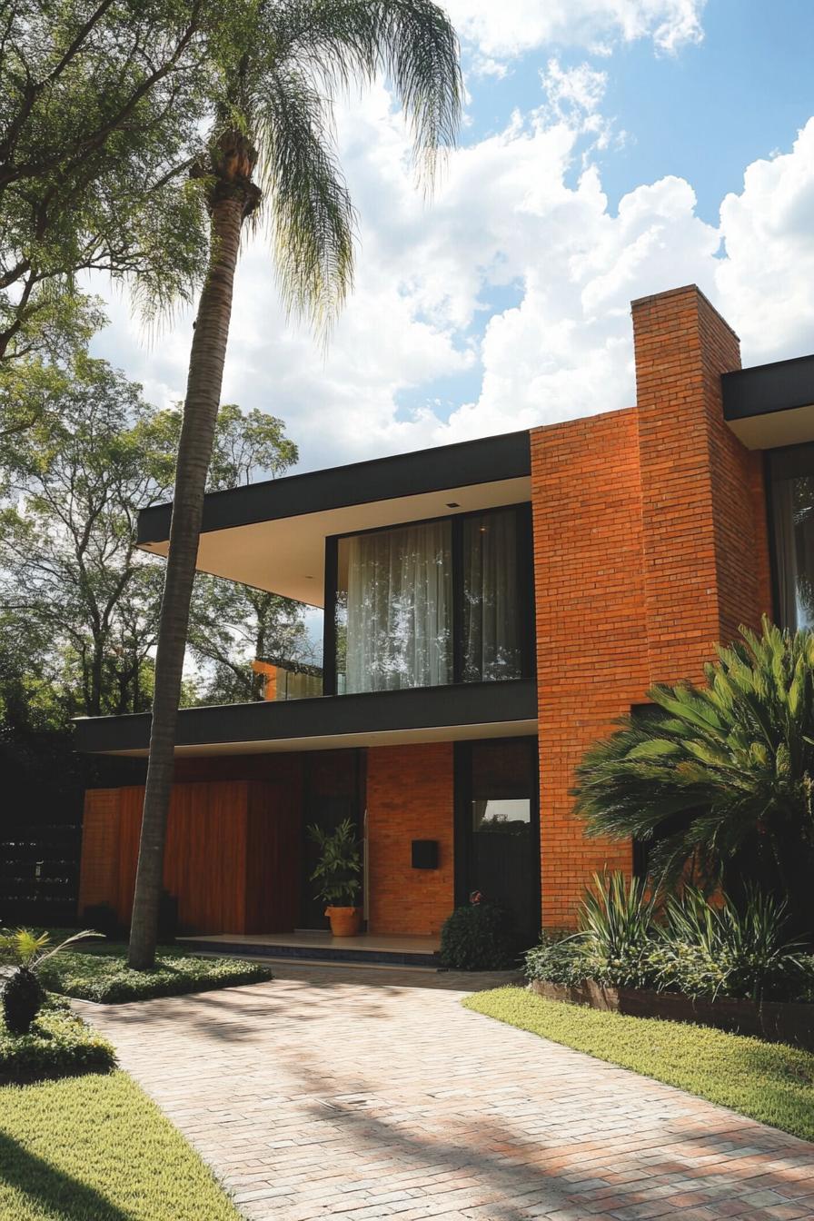 80s house modern facade makover with textured brick walls suburbs cloudy weather 2