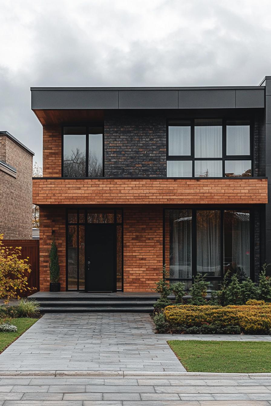 80s house modern facade makover with textured brick walls suburbs cloudy weather