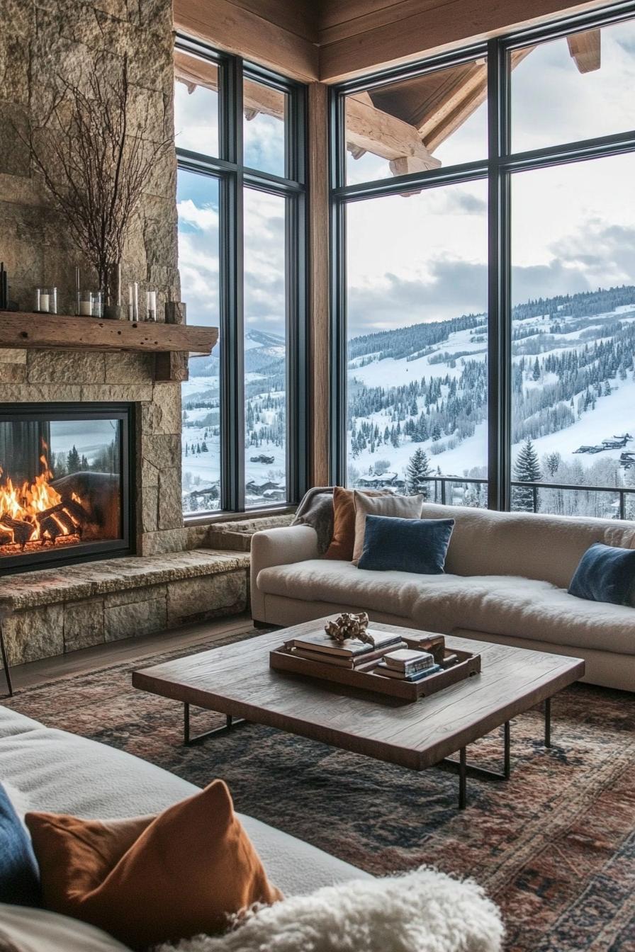 Modern Cottage style Mountain House With a Corner Stone Fireplace stunning winter mountain views 2