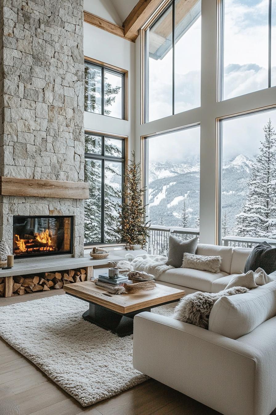 Modern Cottage style Mountain House With a Corner Stone Fireplace stunning winter mountain views