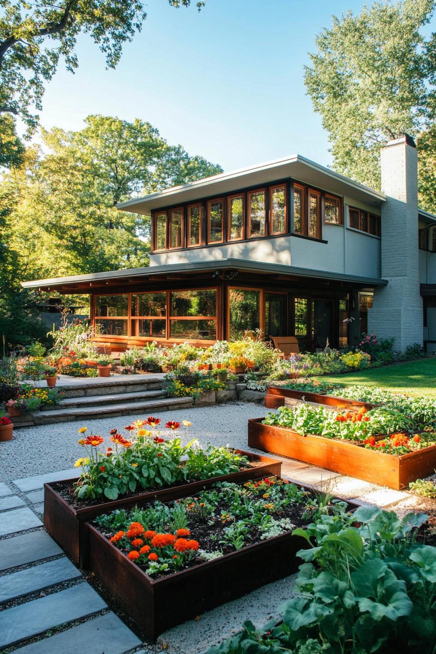 craftsman style mid century modern house courtyard with tiered flower and veggie beds 1