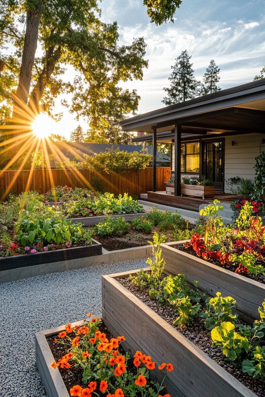 craftsman style mid century modern house courtyard with tiered flower and veggie beds 2