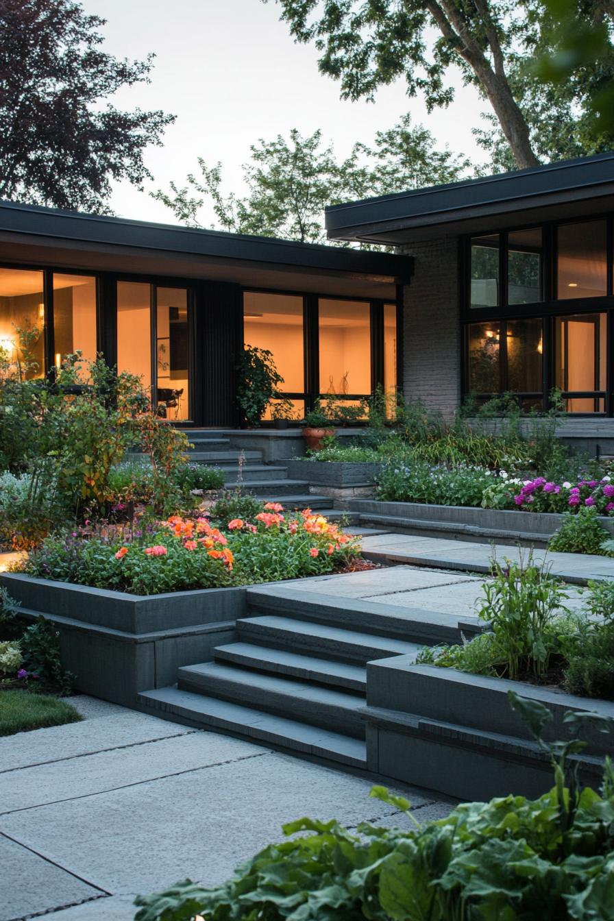 craftsman style mid century modern house courtyard with tiered flower and veggie beds 3