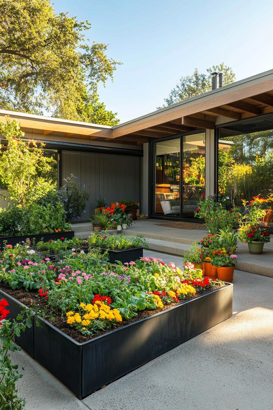 craftsman style mid century modern house courtyard with tiered flower and veggie beds