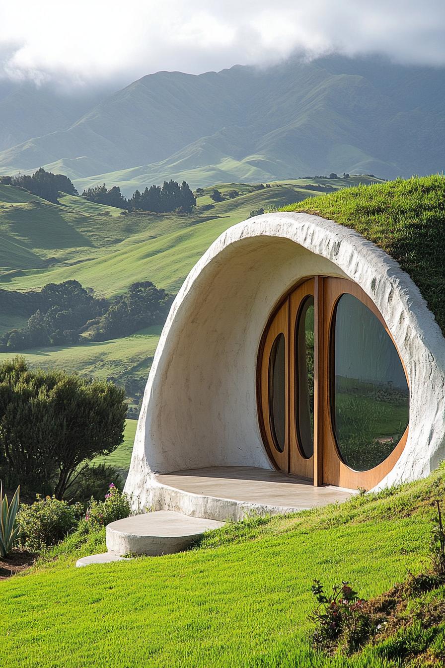 earth sheltered modern house with round doors and windows overlooking green New Zealand mountains 1