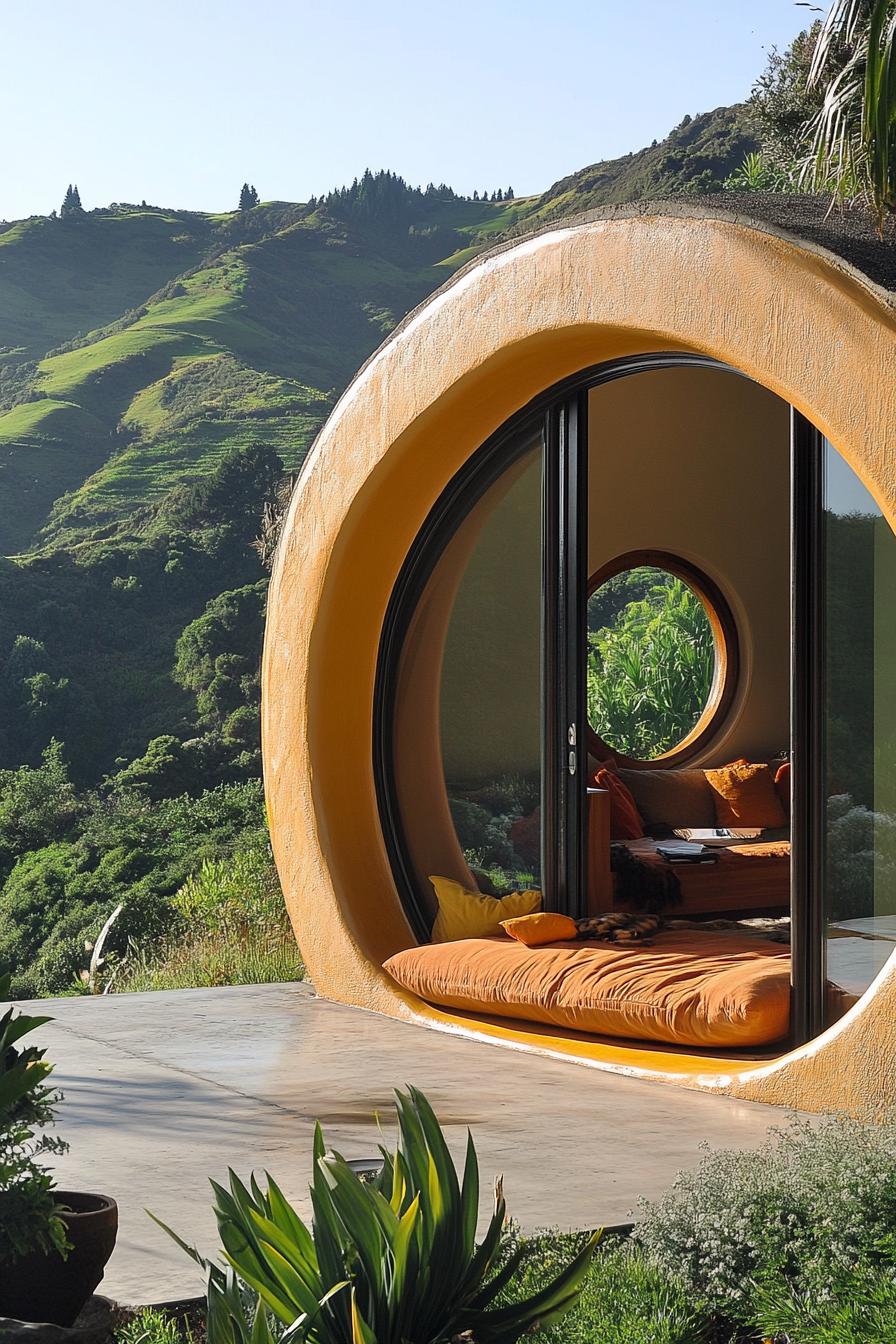 earth sheltered modern house with round doors and windows overlooking green New Zealand mountains 2