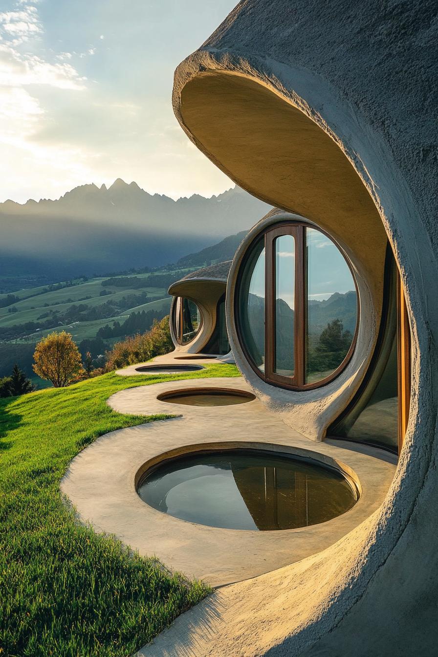 earth sheltered modern house with round doors and windows overlooking green New Zealand mountains 3