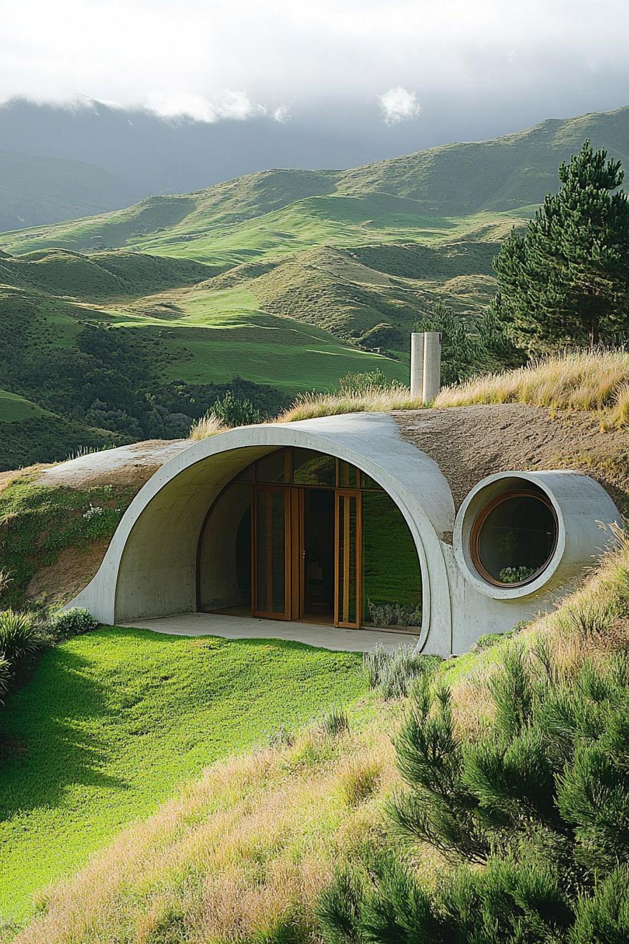 earth sheltered modern house with round doors and windows overlooking green New Zealand mountains