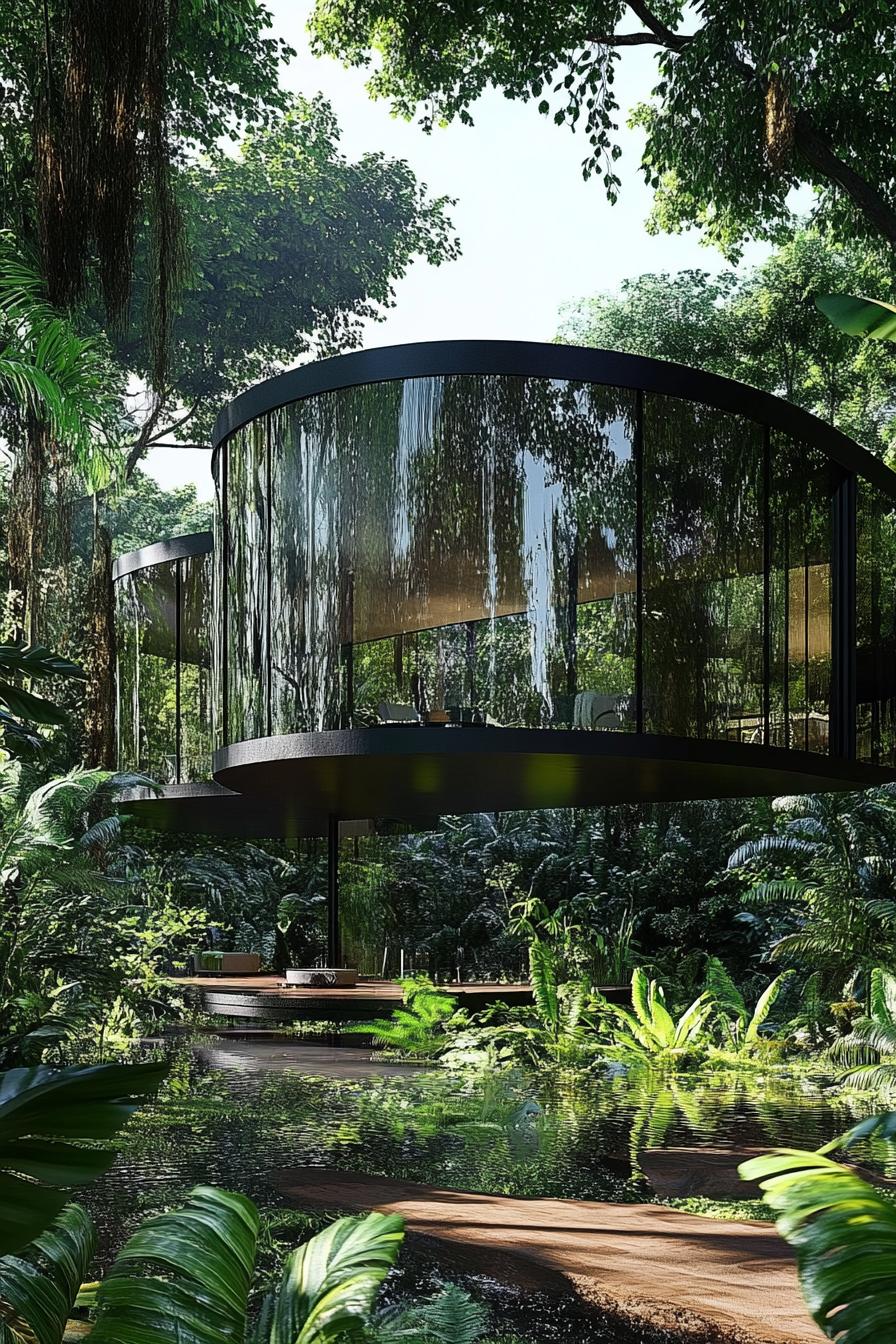 futuristing glass house in lush tropical jungle 1