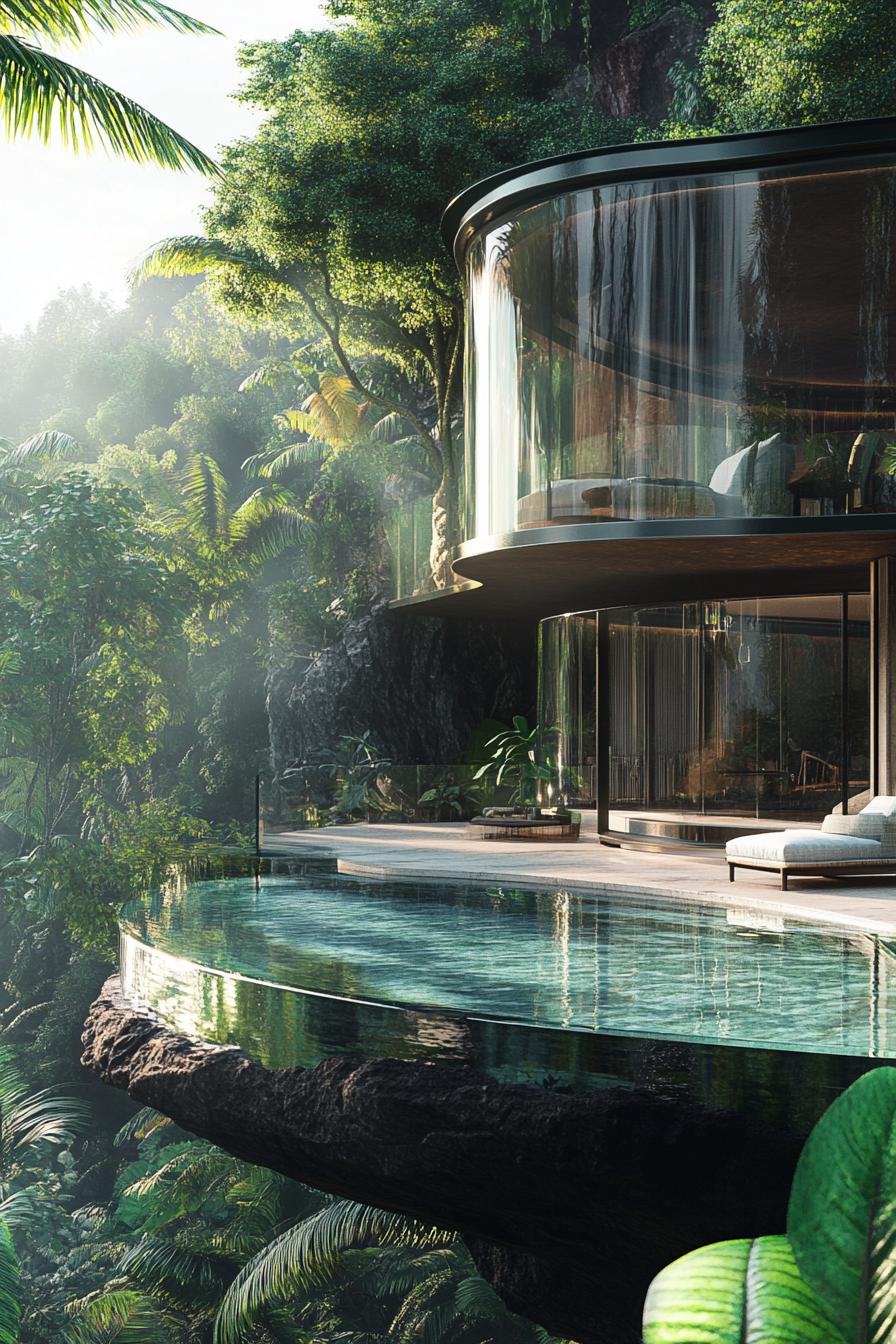 futuristing glass house in lush tropical jungle 2