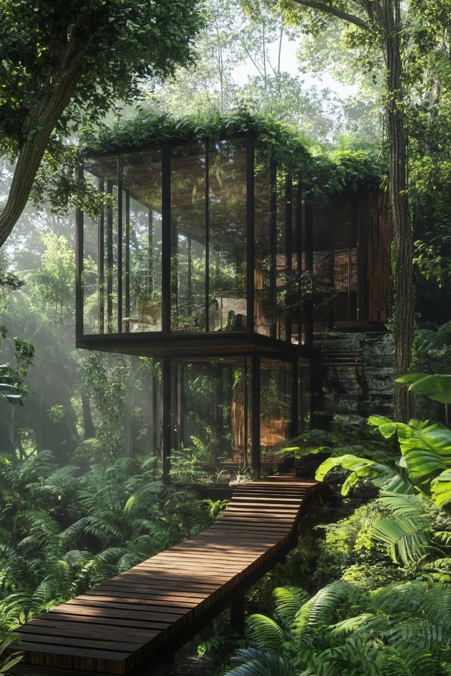 futuristing glass house in lush tropical jungle