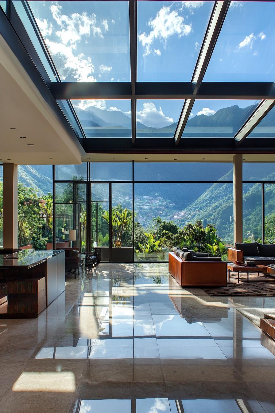 highly modern house with glass roof stunning lush mountain views