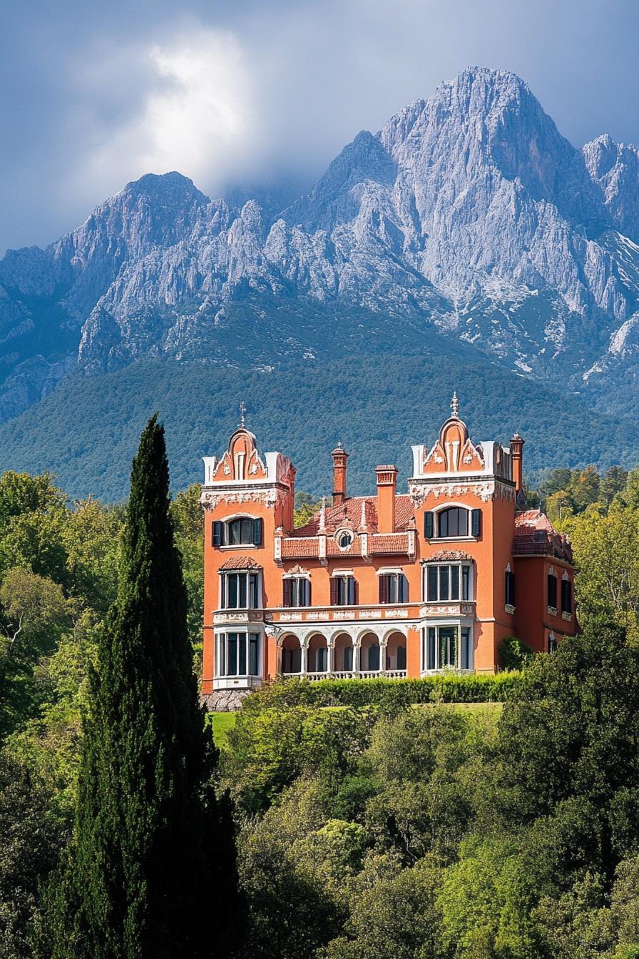 luxury castle villa with bright colored facade imposing high mountain in the background with surrounding green forest 1