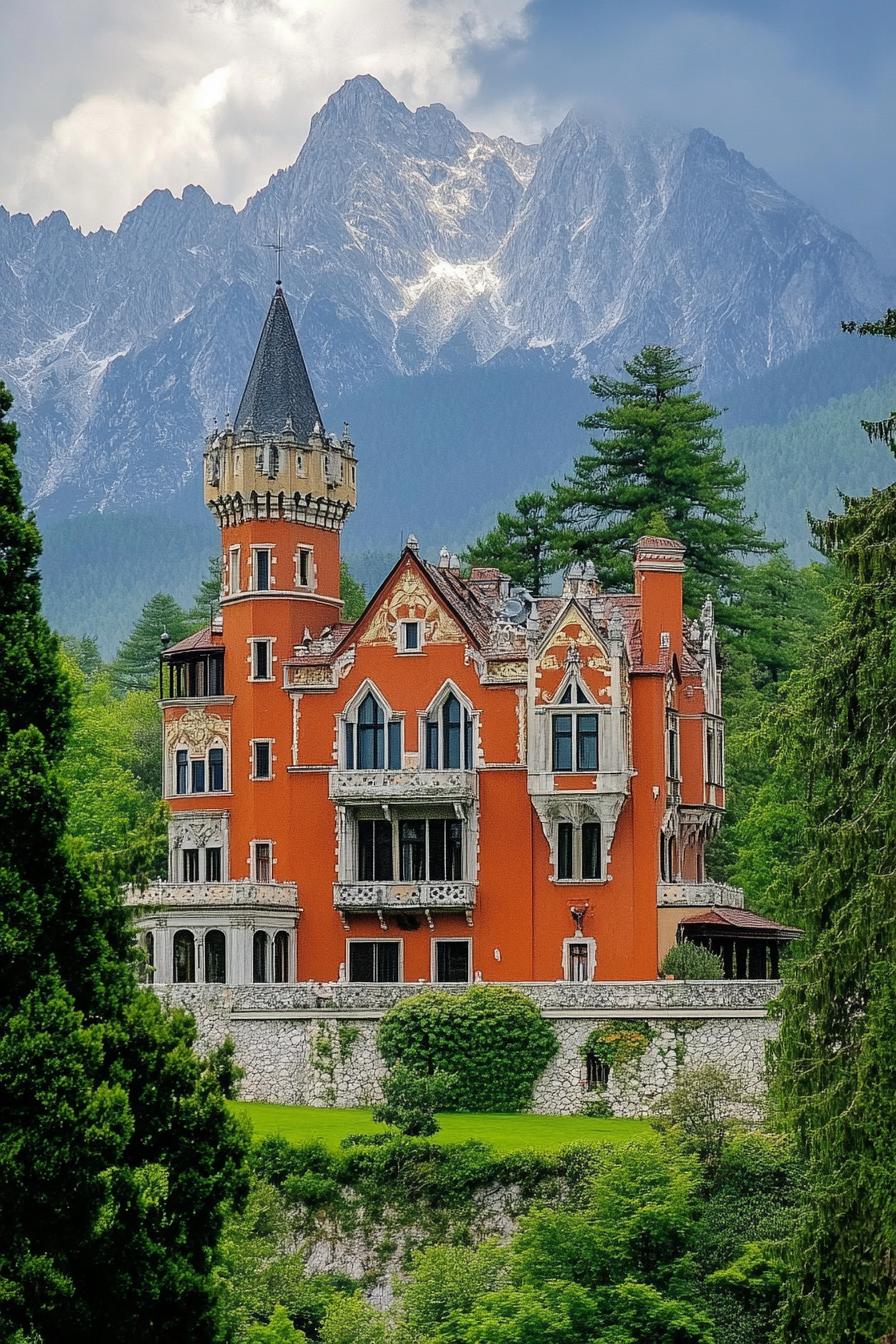 luxury castle villa with bright colored facade imposing high mountain in the background with surrounding green forest 2