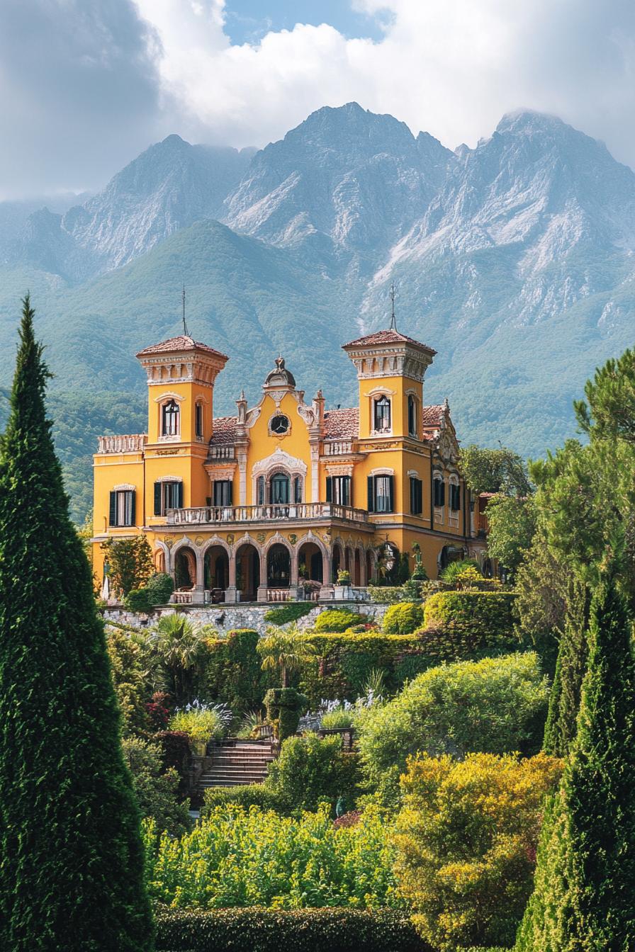 luxury castle villa with bright colored facade imposing high mountain in the background with surrounding green forest 3