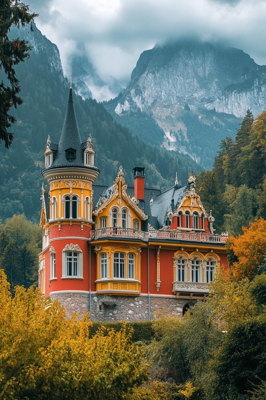 luxury castle villa with bright colored facade imposing high mountain in the background with surrounding green forest