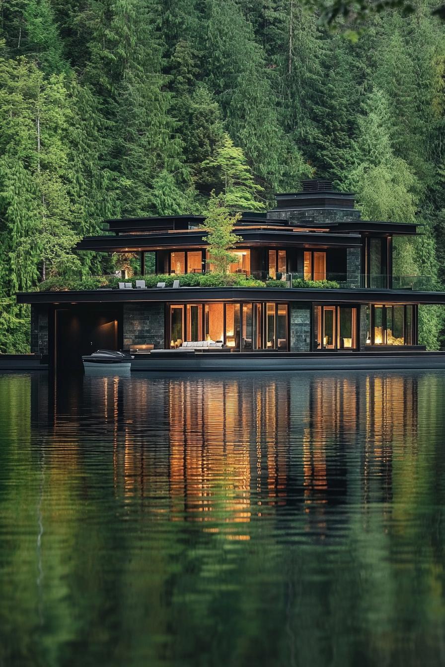 luxury floating lake mansion huge house with stunning views of a lake surrounded by forest 1