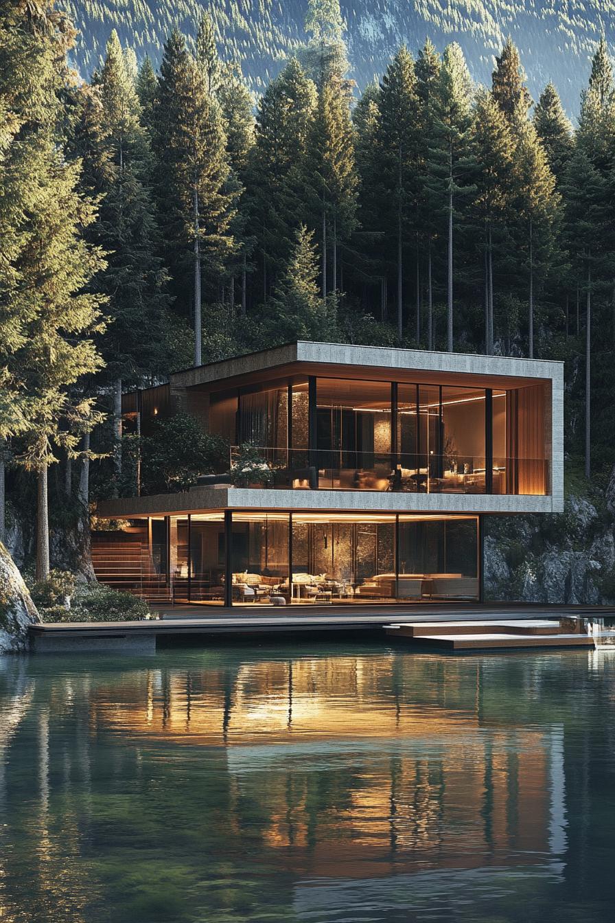 luxury floating lake mansion huge house with stunning views of a lake surrounded by forest 2