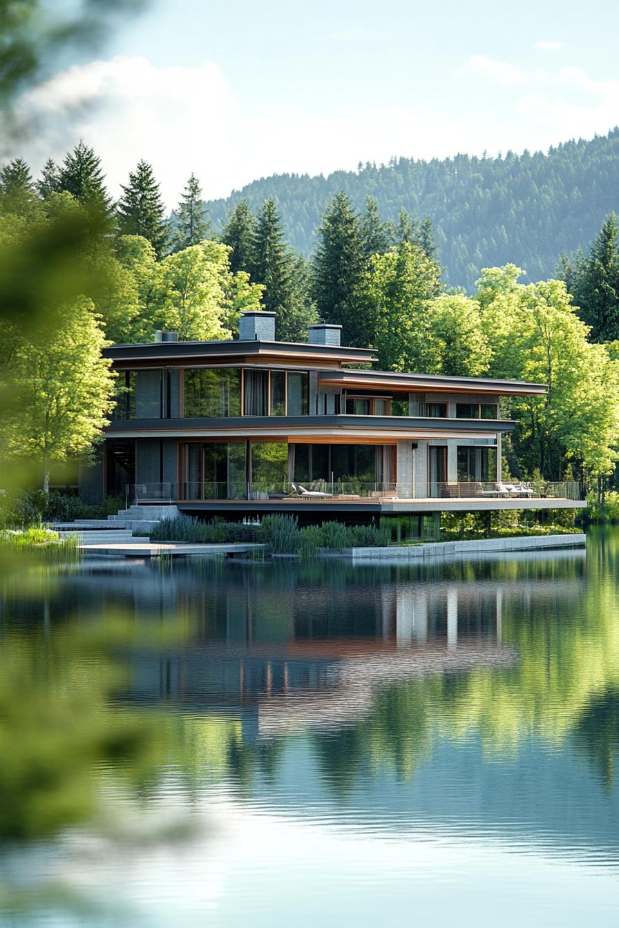 luxury floating lake mansion huge house with stunning views of a lake surrounded by forest 3