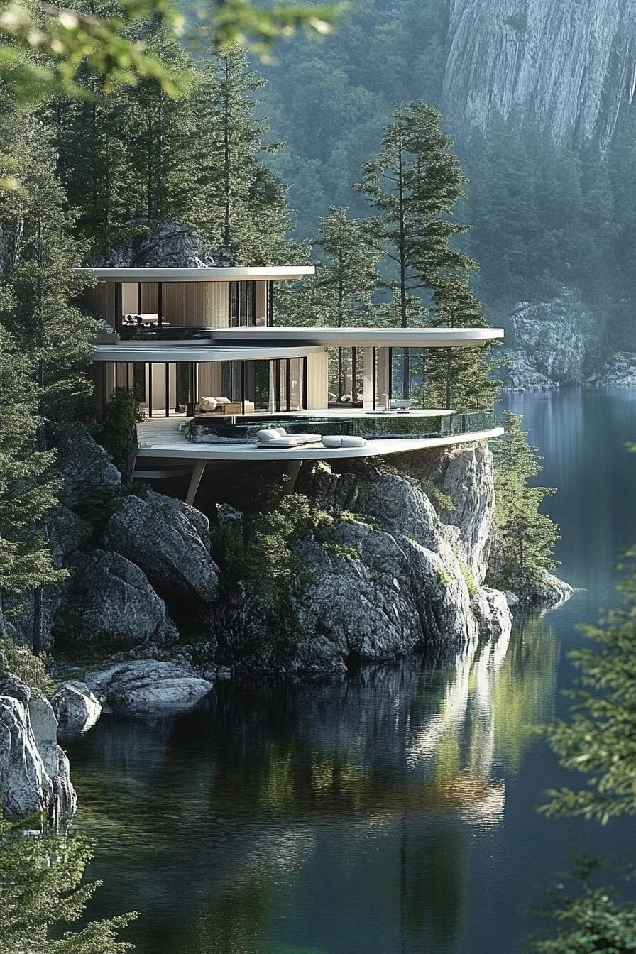 luxury floating lake mansion huge house with stunning views of a lake surrounded by forest