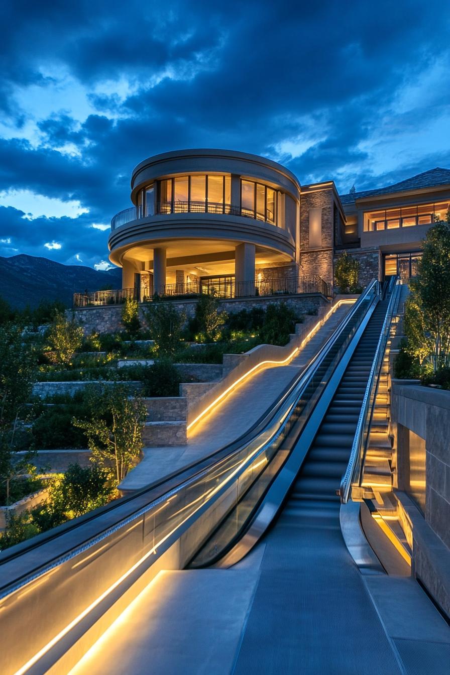 luxury modern manor mansion with outdoor hillside escalator overlooking stunning mountains 1