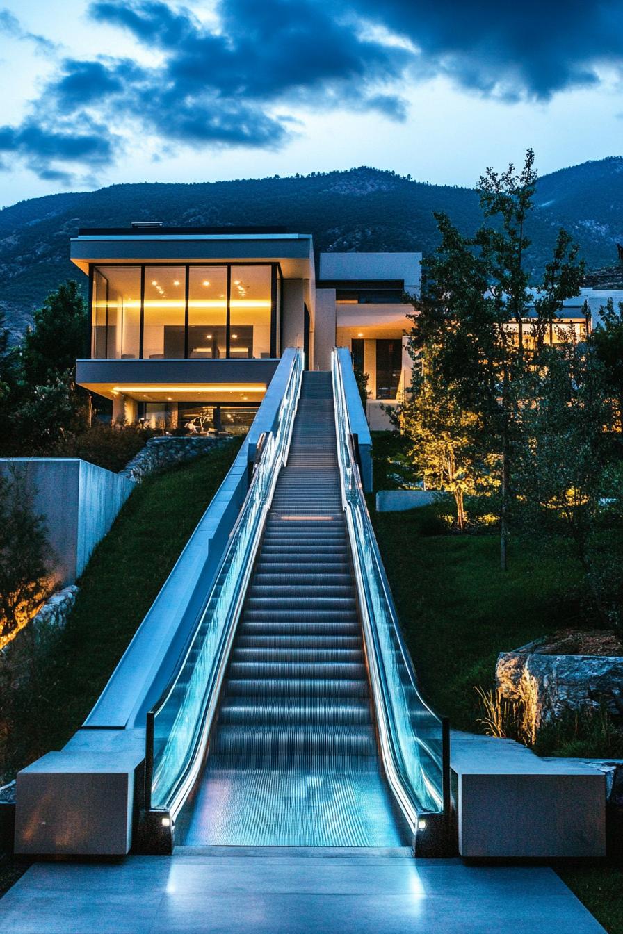 luxury modern manor mansion with outdoor hillside escalator overlooking stunning mountains 2