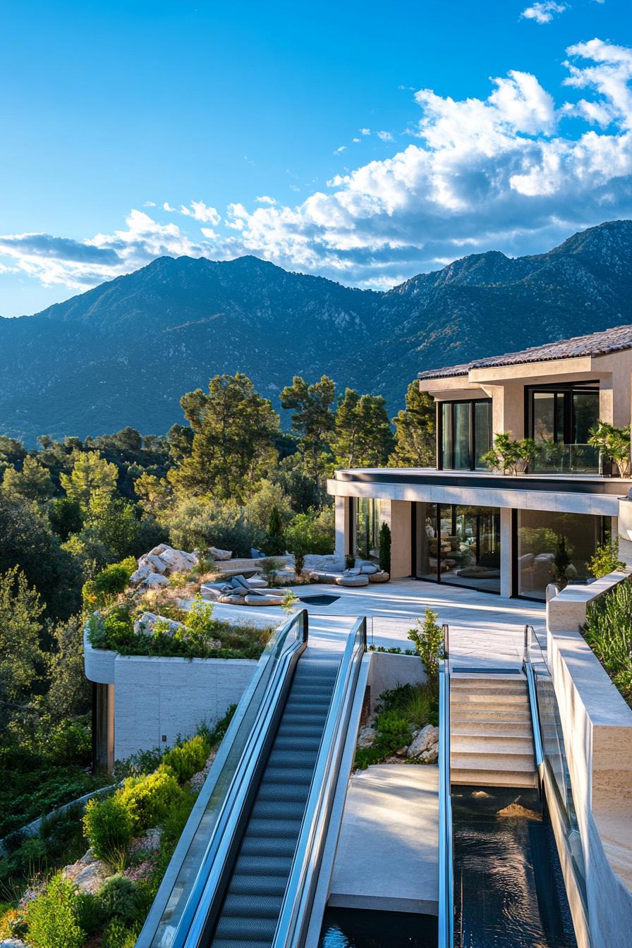 luxury modern manor mansion with outdoor hillside escalator overlooking stunning mountains 3