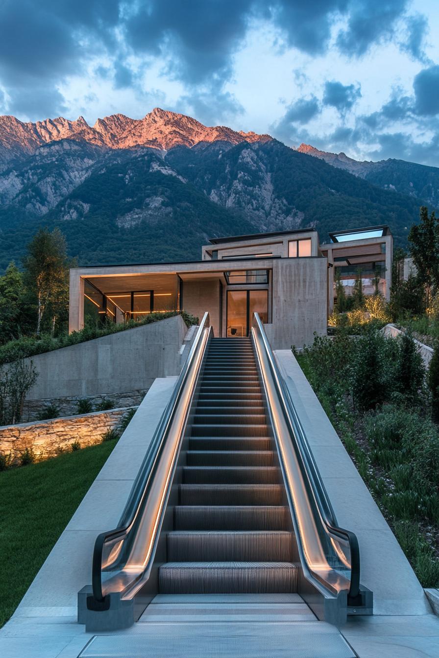 luxury modern manor mansion with outdoor hillside escalator overlooking stunning mountains