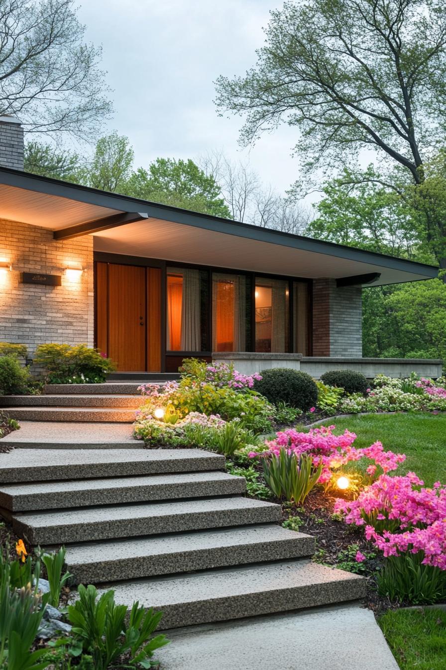 mid century modern 1950s style house facade with minimalist front porch landscape with flowers 1