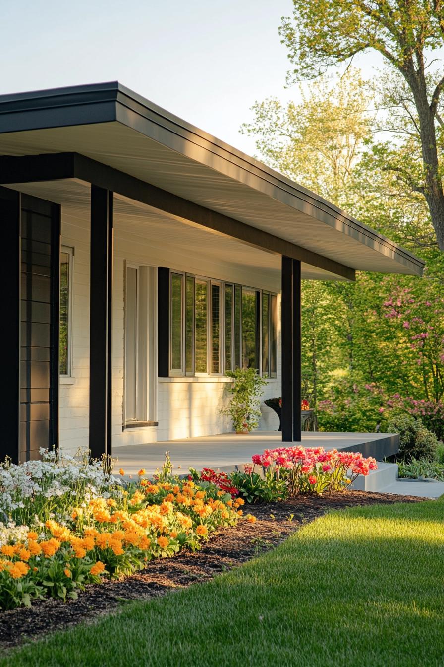 mid century modern 1950s style house facade with minimalist front porch landscape with flowers 2