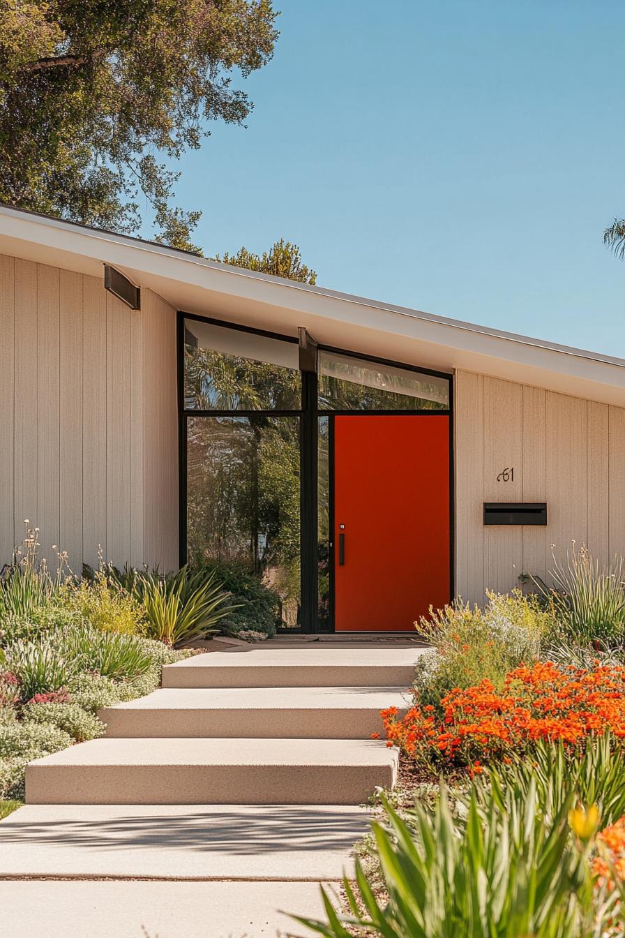 mid century modern 1950s style house facade with minimalist front porch landscape with flowers 3