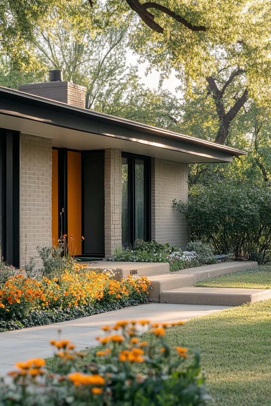 mid century modern 1950s style house facade with minimalist front porch landscape with flowers