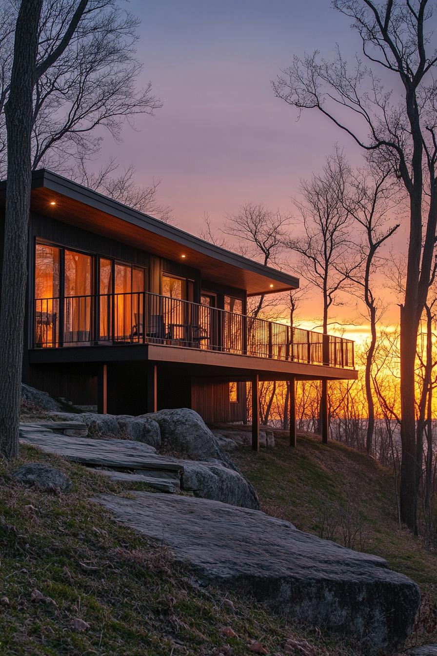 mid century modern cabin with wraparound decks with metal railing lakeside hill sunset 1