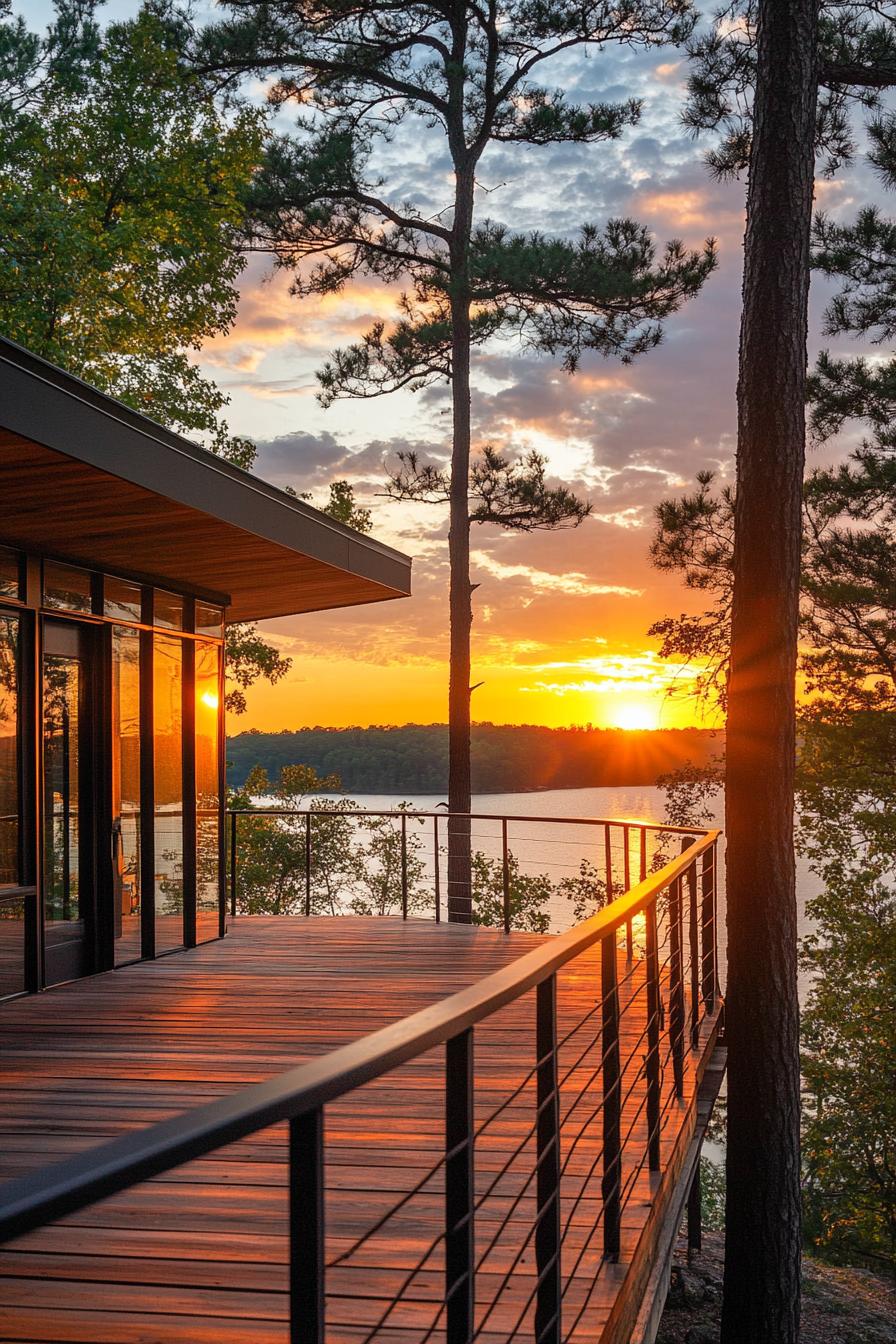 mid century modern cabin with wraparound decks with metal railing lakeside hill sunset 2